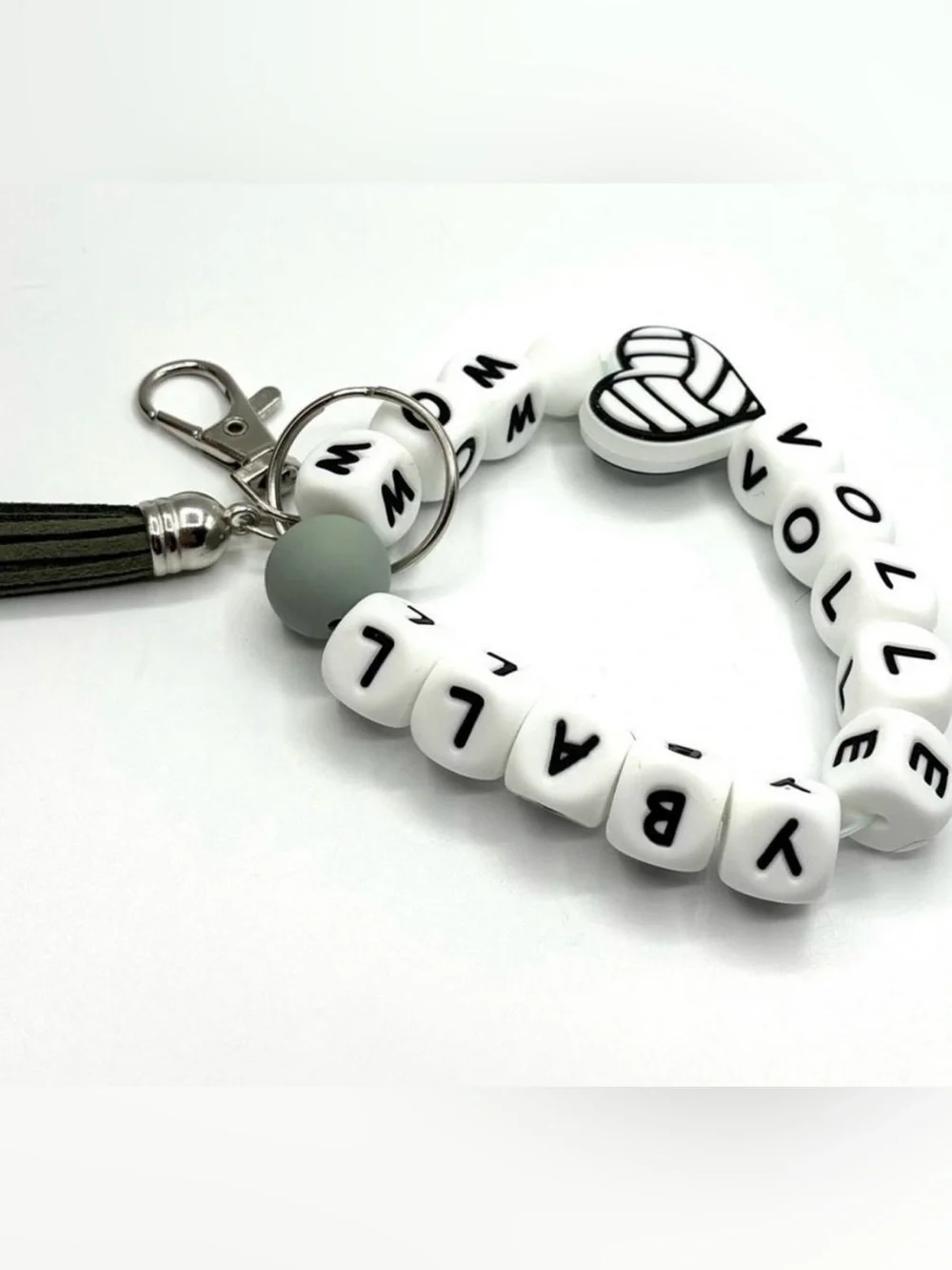 Volleyball Mom Heart Beaded Stretch Keychain Bracelet- White & Black